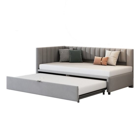 HAUSS SPLOE Schlafsofa 90/180x200cm mit Ausziehbett, L-förmiges Schlafsofa in Samt hellgrau, Multifunktionales L-förmiges Schlafsofa mit Ausziehbett, Samt, platzsparend, für Kinder- und Gästezimmer, ohne Matratze