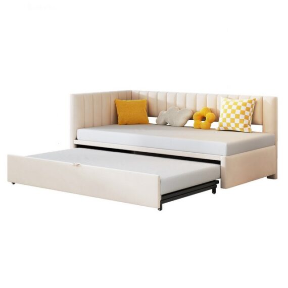 HAUSS SPLOE Schlafsofa 90/180x200cm mit Ausziehbett, L-förmiges Schlafsofa in Samtstoff Beige, Multifunktionales L-förmiges Schlafsofa mit Ausziehbett, Samt, platzsparend, für Kinder- und Gästezimmer, ohne Matratze