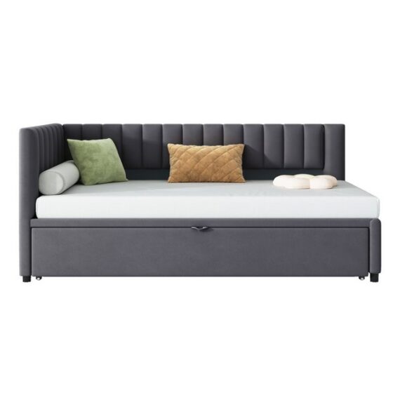 HAUSS SPLOE Schlafsofa 90/180x200cm mit Ausziehbett, L-förmiges Schlafsofa in Samtstoff Grau, Multifunktionales L-förmiges Schlafsofa mit Ausziehbett, Samt, platzsparend, für Kinder- und Gästezimmer, ohne Matratze