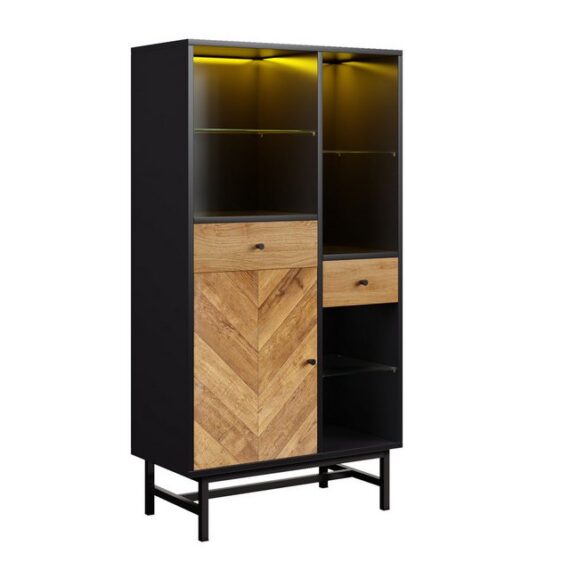 HAUSS SPLOE Vitrine mit 12-farbigem LED-Lichtband, 2 Schubladen und Glasböden, Schwarz (Wohnzimmerschrank, Highboard, Aufbewahrungsschrank, Küchenschrank, 1-St., 1 Tür, 2 Schubladen, 6 offene Fächer) mit 12-farbigem LED-Lichtband