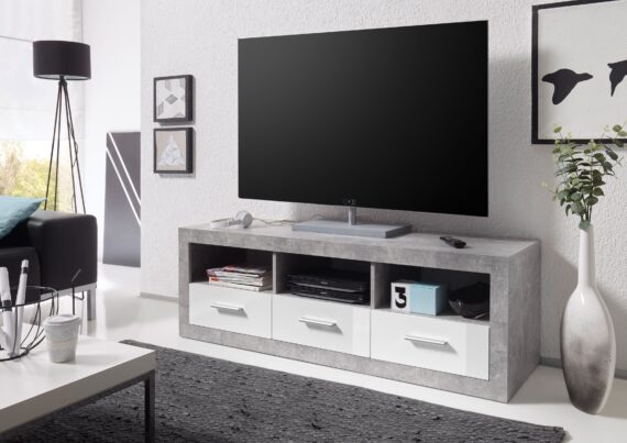 HBZ Lowboard "Stone weiß Hochglanz, TV Möbel bis 55 Zoll, BxHxT 147x49x45 cm", (1 St.), Mit 3 offenen Fächer, 3 Schubkästen, 1 Kabeldurchführung