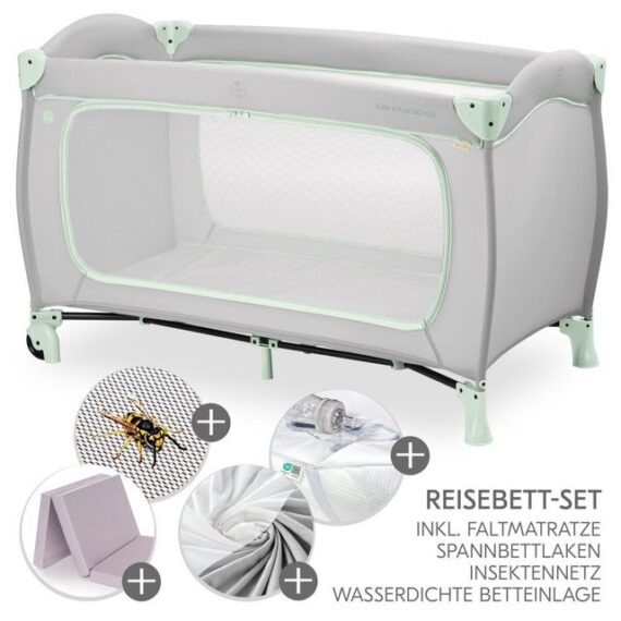 Hauck Baby-Reisebett Sleep N Play Go Plus XXL Set - Dusty Mint, Kinder Reisebett mit Matratze, Spannbettlaken & Insektenschutz faltbar