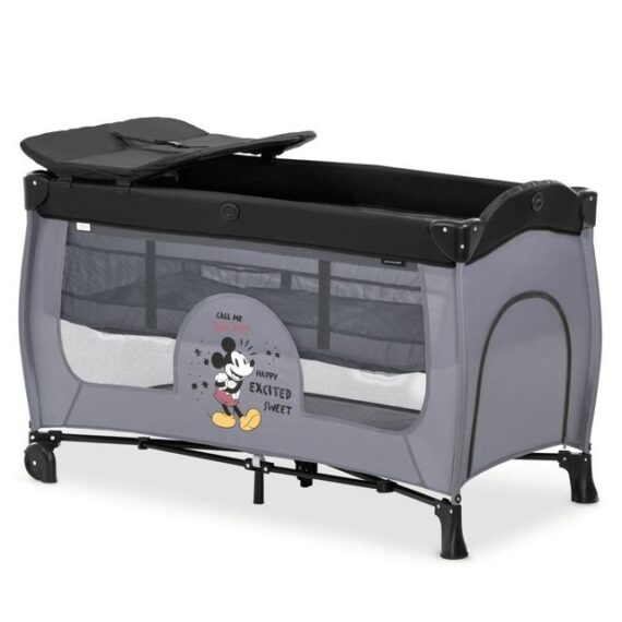 Hauck Baby-Reisebett Sleep'n Play Center - Disney - Mickey Mouse Grey, Reisebett mit Wickelauflage, höhenverstellbar, Rollen & Einstieg