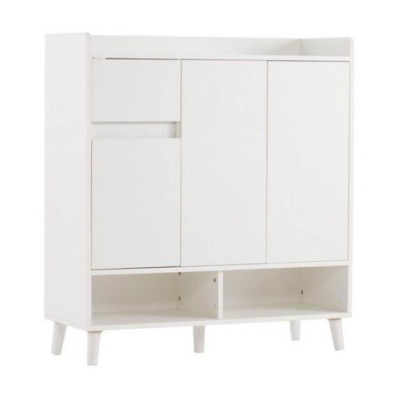 IDEASY Schuhschrank mit verstellbaren Einlegeböden, Kommode, Sideboard, 99 x 90 x 35 cm (Schuhschrank mit 1 Schublade und 3 Türen, mit Massivholzbeinen) Einfacher und frischer Stil, für Eingangsbereich und Flur