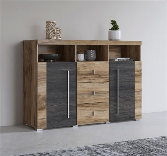 INOSIGN Sideboard "Roger,Breite 132cm, stilvolle Schrank, 2 Holztüren 3 Schubladen", Kommode mit viel Stauraum, Einlegeböden verstellbar