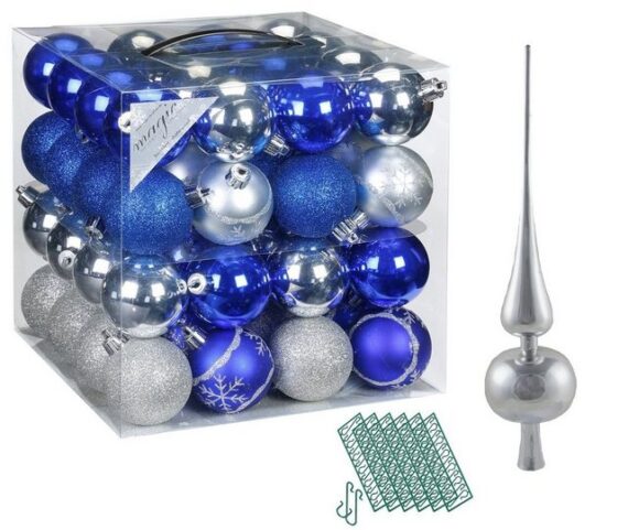 JACK Christbaumschmuck JACK 64x Kunststoff Christbaumkugeln Ø6cm + Spitze 28cm inkl Aufhänger, Kugeln: Blau-Silber, Spitze: Silber