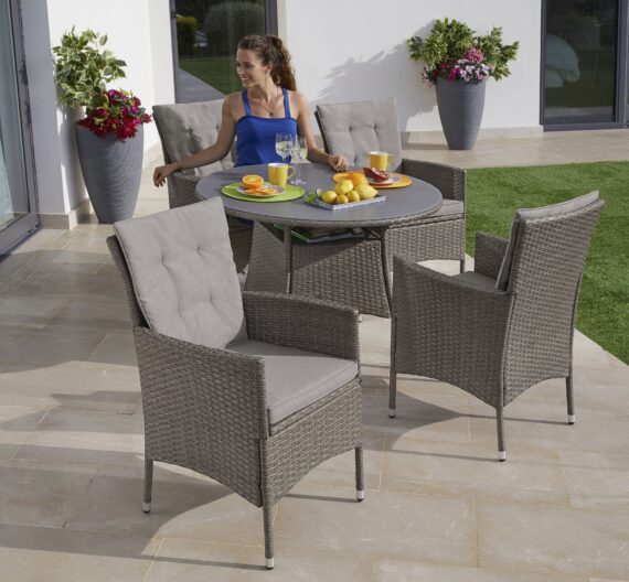 KONIFERA Garten-Essgruppe "Mailand", (Set, 13 tlg., 4 Sessel, Tisch Ø 100 cm, inkl. Auflagen), Polyrattan, Stahl, Braun, Tischplatte aus Sicherheitsglas