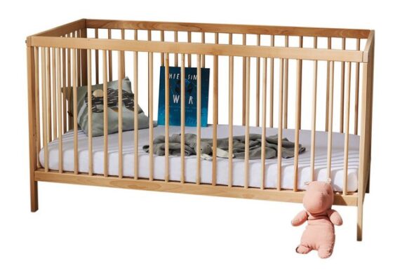 Kids Collective Babybett Gitterbett 60x120 70x140 cm höhenverstellbar herausnehmbare Sprossen, Buchenholz sehr stabil Made in Europe mit Matratze natur 120x60