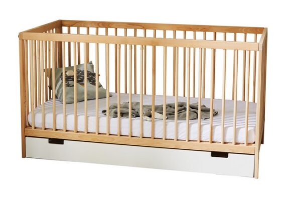 Kids Collective Babybett Gitterbett 60x120 70x140 cm höhenverstellbar mit Schublade, herausnehmbare Sprossen, Buchenholz mit Matratze, natur 120 x 60 cm