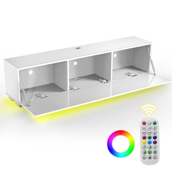 LETGOSPT TV-Schrank Fernsehtisch, TV-Regal, Lowboard Hochglanz Fernsehschrank, 140x30x35cm (TV-Schrank mit 16 Farben LED-Beleuchtung, stehend und hängend) 3 Schränken, TV-Board für Wohnzimmer und Schlafzimmer, Weiß