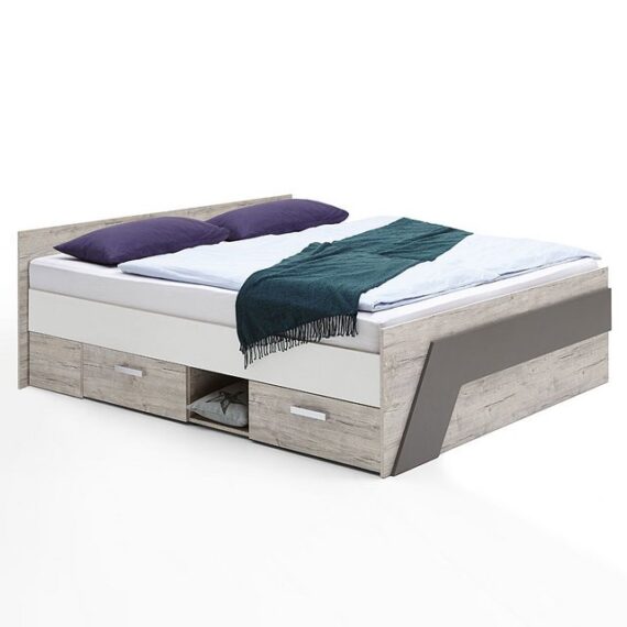 Lomadox Jugendbett LEEDS-10, Sandeiche Nb./weiß/Lava 145x69,5x204,5cm