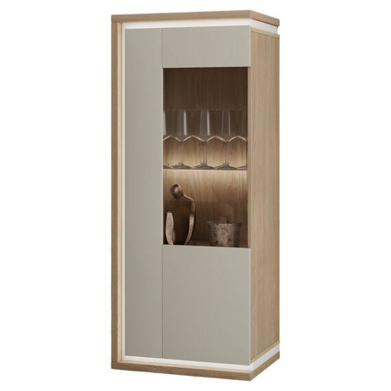 Lomadox Vitrine DRACHTEN-83 Vitrinenschrank Eiche kaschmir Modern 135cm hoch, LED-Beleuchtung