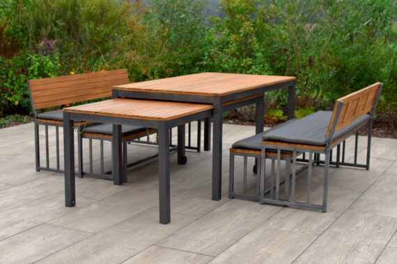 MERXX Garten-Essgruppe "Milos", (Set, 10 tlg., 4 Bänke (2x mit und 2x ohne Rückenlehne), 2 Tische, 4 Sitzkissen), Set ist komplett ineinander verstaubar, geeignet für 12 Personen