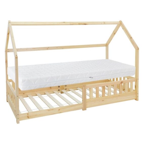 ML-DESIGN Kinderbett Hausbett mit Rausfallschutz, Dach und Lattenrost Massivholz, Bett 200x90cm Natur mit Matratze 16cm Mädchen Jungen Holzbett