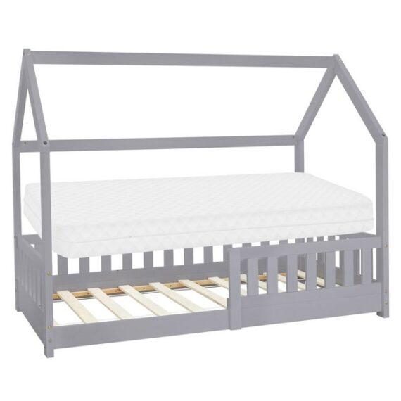 ML-DESIGN Kinderbett Hausbett mit Rausfallschutz, Dach und Lattenrost Massivholz, Bett 80x160 cm Hellgrau mit Matratze 16cm Mädchen Jungen Holzbett