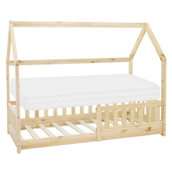 ML-DESIGN Kinderbett Hausbett mit Rausfallschutz, Dach und Lattenrost Massivholz, Bett 80x160 cm Natur mit Matratze 16cm für Mädchen Jungen Holzbett