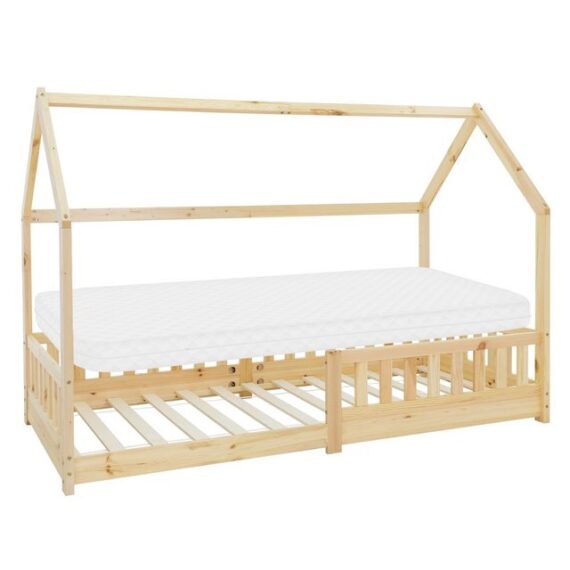 ML-DESIGN Kinderbett Hausbett mit Rausfallschutz, Dach und Lattenrost Massivholz, Bett 90x200 cm Natur mit Matratze 10cm Mädchen Jungen Holzbett