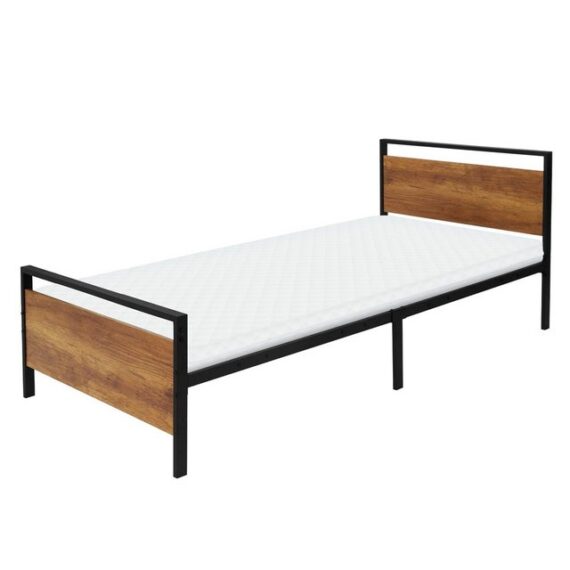 ML-DESIGN Metallbett Einzelbett mit Lattenrost Bettgestell mit Holz-Kopf- & Fußteil, Gästebett 90x200cm mit Matratze 10cm Schwarz-Braun Stahl