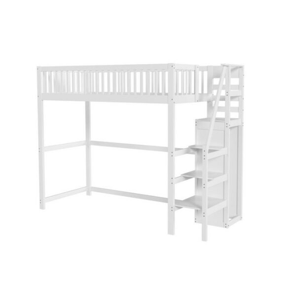 MODFU Kinderbett Hochbett Jugendbett Holzbett Gästebett Einzelbett (mit Treppe, weißes Kinderbett aus Holz mit Aufbewahrungsregal, einfacher Kleiderschrank), Ohne Matratze