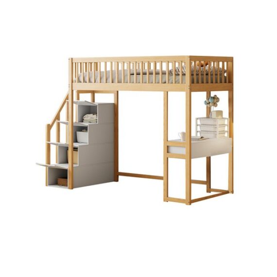 MODFU Kinderbett Hochbett Stauraumbett Funktionsbett Einzelbett (mit Multifunktionstisch, sicherer Aufbewahrungstreppe, Bettgestell aus massivem Kiefernholz für Kinder und Jugendliche), ohne Matratze