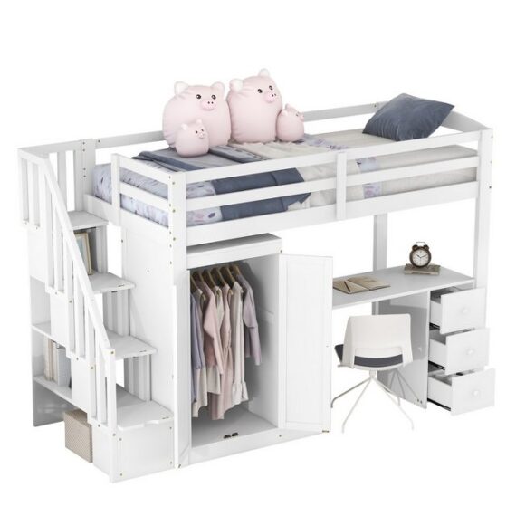 MODFU Kinderbett Stauraumbett Hochbett Einzelbett Holzbette (mit Kleiderschrank und Treppe, Schreibtisch und Schubladen und Schrank in einem, Stühle nicht enthalten 90 x 200 cm), Ohne Matratze