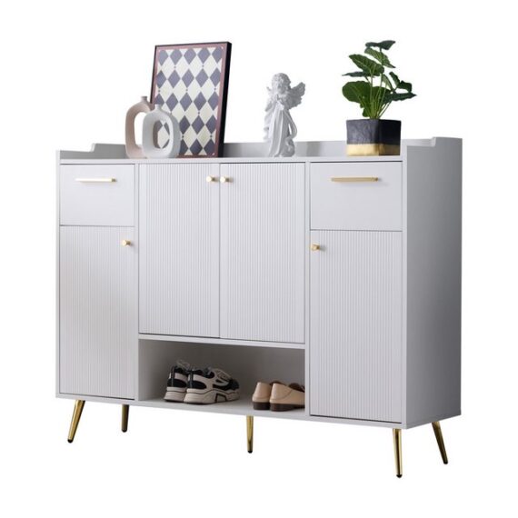 MODFU Schuhschrank mit Metallfüße (Schuhregal, Sideboard, Kommode, 1-St., 2 Schubladen und 4 Türen) ideal für Flure, Eingangsbereiche oder Schlafzimmer