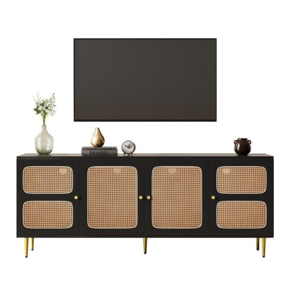 Merax TV-Schrank mit Rattantüren und verstellbaren Einlegeböden Sideboard mit Metallfüße,Lowboard,Fernsehtisch,TV-Board,B:180cm