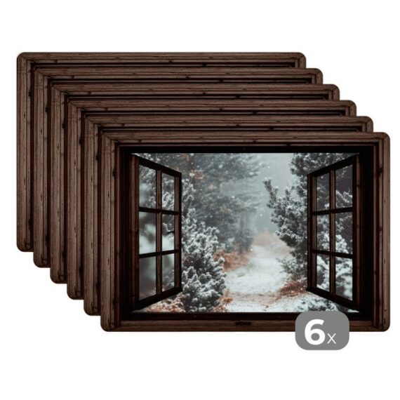 MuchoWow Platzset Wald - Winter - Bäume - Natur - Weg - Aussicht, (6-St), Platzsets, Tischset, Abwaschbar, Tischsets, Platzdeckchen