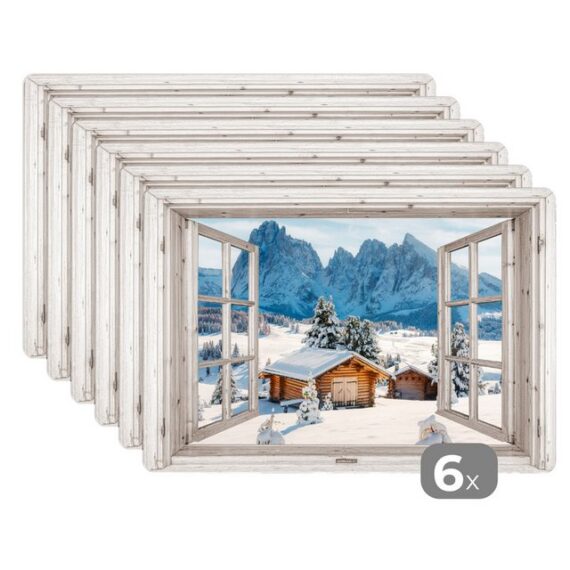 MuchoWow Platzset Winterlandschaft - Hütte - Berge - Ausblicke - Aussicht - Natur, (6-St), Platzsets, Tischset, Abwaschbar, Tischsets, Platzdeckchen