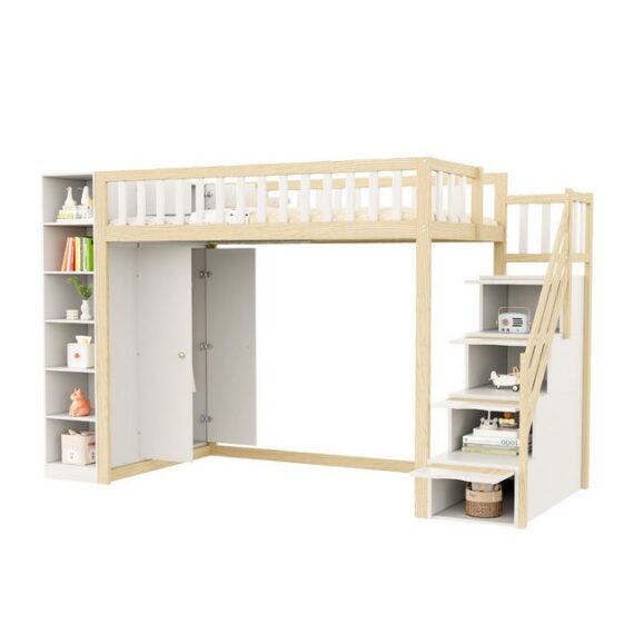 OKWISH Hochbett Kinderbett,Einzelbett,Stauraumbett,mit Stauraum, Regalen (Multifunktionales Hochbett 90x200 cm mit Sicherheitsleiter, Stauraum und Kleiderschrank., Hochbett 90x200cm) ohne Matratze