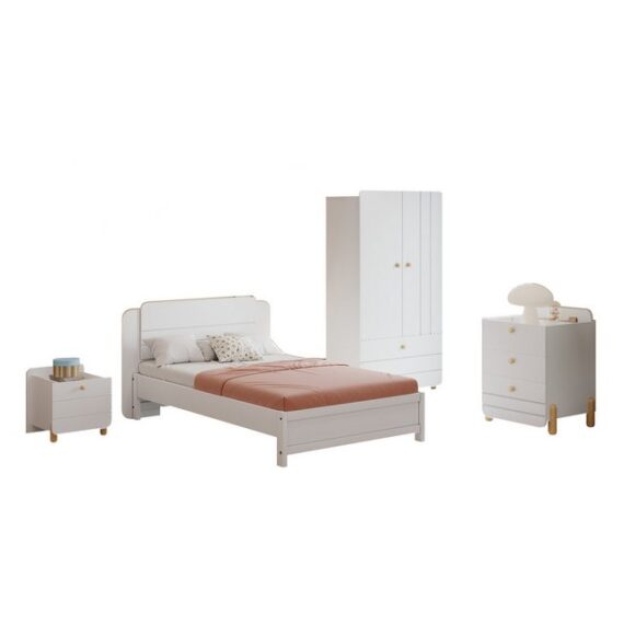 OKWISH Kinderbett Einzelbett aus Massivholz,mit Linien-Kopfteil, Funktionsbett Gästebett (4-teiliges Schlafzimmer Set für Kinderzimmer - Massivholz Einzelbett 90x200cm, Nachttisch, Kommode, Kleiderschrank, 90x200 cm, Nachttisch, Kommode, Kleiderschrank -Ideal für Kinderzimmer), Ohne Matratze