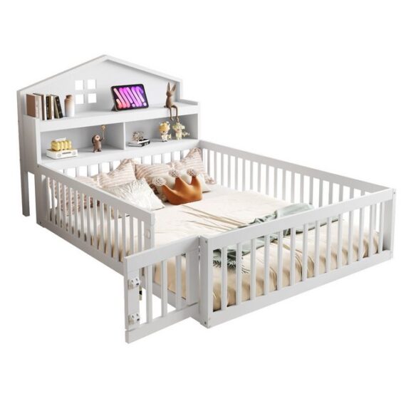 OKWISH Kinderbett Jugendbett, Funktionsbett,Doppelbett (Kinderbett, mit Hausrahmen, Stauraum und Schutzgitter, ideal für Kinderzimmer, Massivholz, 140 x 200 cm), ohne Matratze