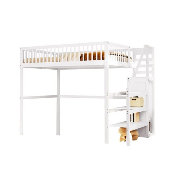 OKWISH Kinderbett Multifunktionales Hochbett mit Treppe,Stauraumbett Einzelbett Holzbett (Regal und Kleiderschrank, ideal für Kinderzimmer, 140 x 200 cm), Ohne Matratze