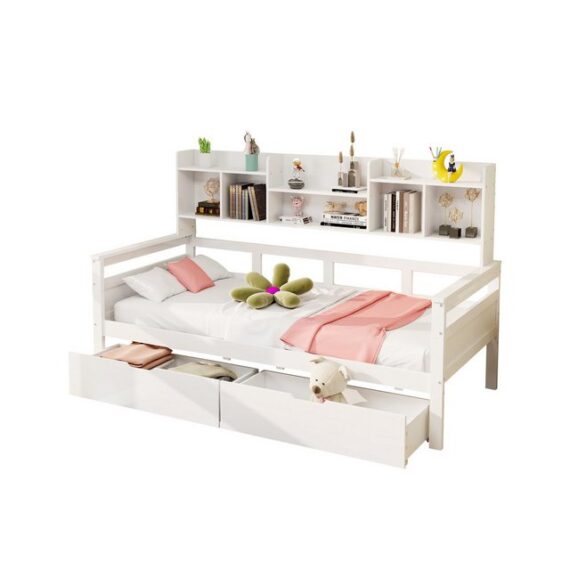 OKWISH Kinderbett Schlafsofa Einzelbett Holzbett, Schubladen und Regale (Lattenrost, Jugendbett, Einzelbett, Massivholzbett, 90 x 200 cm), ohne Matratze