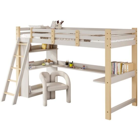 OKWISH Kinderbett Stauraumbett Hochbett mit Schreibtisch, Regalen,Einzelbett Jugendbett (Multifunktionales Funktionsbett aus Massivholz, mit Schrägleiter & Lattenrost, Ideal für kleine Zimmer & Familien, Max. 100kg), Ohne Matratze