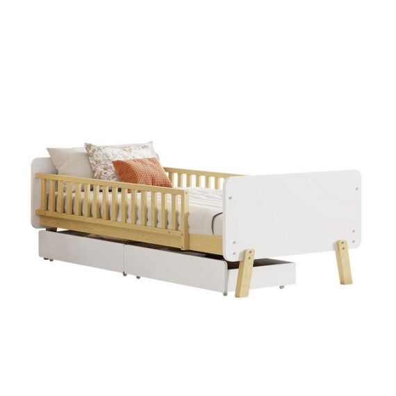 OKWISH Kinderbett mit 2 Schubladen (Holzbett aus Massivholz mit Lattenrost 90x190 cm), ohne Matratze