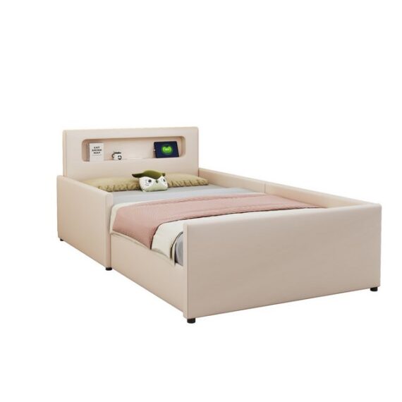 OKWISH Polsterbett Einzelbett Funktionsbett Kinderbett Stauraumbett Jugendbett (Mit Nachtlicht, USB-Ladeanschluss und erhöhten Seitenteilen für Sicherheit, ideal für Jungen und Mädchen im Kinderzimmer mit Stauraum, 90x200cm), ohne Matratze