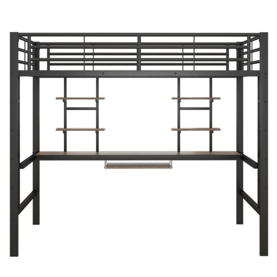 Odikalo Hochbett Metallbettgestell Eisen Schreibtisch 2 Bücherregalen 140x200cm Schwarz