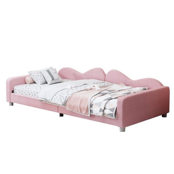 Odikalo Kinderbett Polsterbett Schlafsofa Rückenlehne Armlehnen 90x200cm Weiß/Rosa/Grau