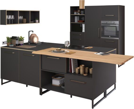 Parisot Schrank-Set "Wave 1, Küchenschrank, Buffetset, Küche", (Set, 9 St., 4xUnterschrank, Theke/Arbeitsplattenergänzung.,3x Hochschrank, Regal), Türen mit Softclose Funktion, Thekenplatte aus Eiche - funiert