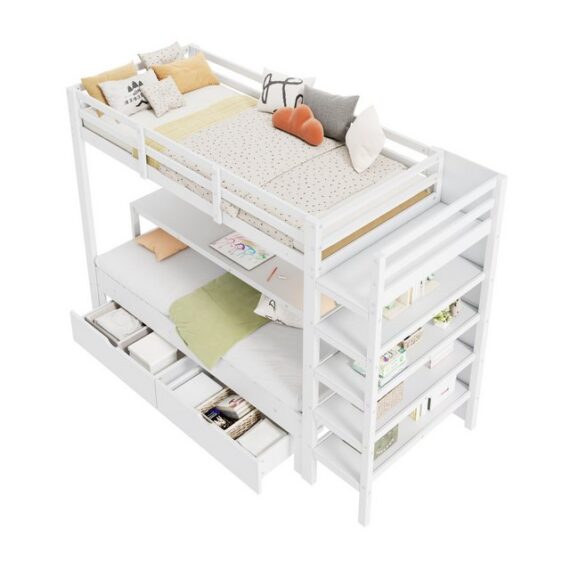 REDOM Hochbett mit Schreibtisch (Stockbett, Massivholz Kinderbett mit Unterbett, 1-St., 90*200, ohne Matratze, 2 schubladen, 4 Aufbewahrungsregal) mit Leiter, Schreibtisch und großer Stauraum