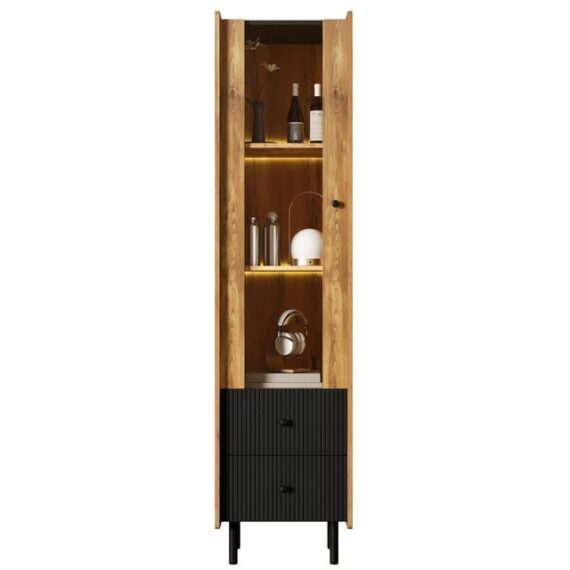 REDOM Hochschrank in schwarzer Holzmaserung (Mehrzweckschrank, Küchenbuffet,Bücherschrank, Vitrine, 1-St., 2 Schubladen, 1 Glastür) mit LED-Beleuchtung