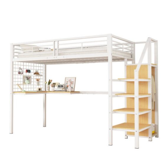 REDOM Kinderbett Eisenbett Gästebett Hochbett (mit Tisch und Kleiderschrank, Seitenleiter mit Handlauf, Geeignet für Kinder und Jugendliche 90x200cm), ohne Matratze