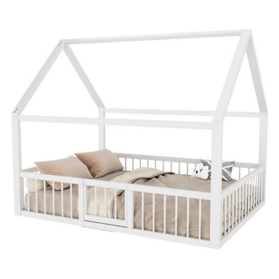 REDOM Kinderbett Flachbett,Jugendbett,Metallbett (Metallbett,für Kinderzimmer mit Dach, Sicherheitsgeländern & hoher Tragfähigkeit, Weiße Eisenbettstruktur, Praktisches Design für Schlafzimmer & Jugendzimmer, Ohne Matratze, 140 x 200 cm), ohne Matratze