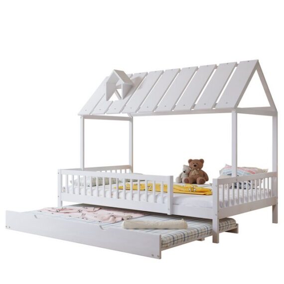 REDOM Kinderbett Funktionsbett, Gästebett,Jugendbett (Hausbett mit Rollbett und Kaminleiste - Kinderbett aus Kiefer & MDF, 120x200/190 cm, 3-seitiges Gitter für Sicherheit, 120x200/190cm), ohne Matratze