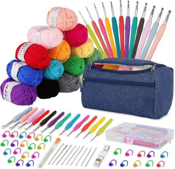 RWEUOQ Häkelnadeln Häkelset mit Garn und Strickzubehör 69-teilig inklusive Stricktasche, Praktisches süßes DIY-Strickset für Anfänger, Strickgeschenke