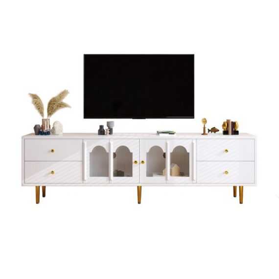 Refined Living TV-Schrank Lowboard mit Schubladen, Fernsehtisch TV-Möbel mit Stauraum (170*38*50cm, Wohnzimmer-TV-Schrank mit 4 Schubladen, 2 gewölbter Glastür, Wohnzimmerschrank, TV-Board, TV-Sideboard, Medienmöbel, 1-St., Fernsehschrank mit gewölbter Glastür, goldenen Griffen und Beinen) Großzügiger Stauraum, Robust und langlebig