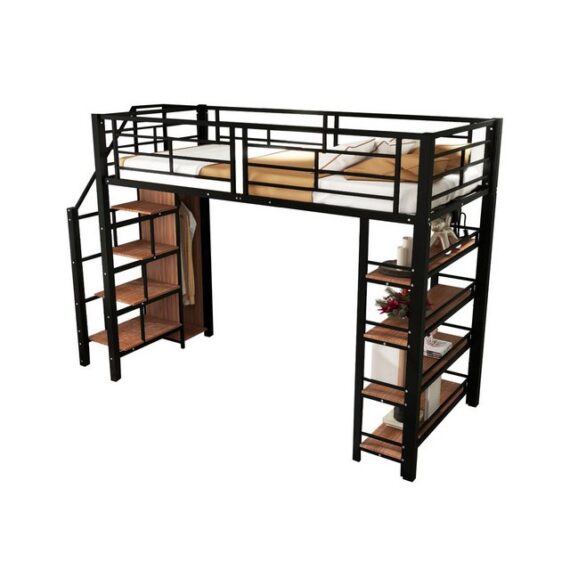 Sweiko Kinderbett Metallbett Jugendbett,Stauraum und kleinem Kleiderschrank, (Stauraumbett mit Sicherheitstreppe, mit Einlegeböden,hohes Zaundesign), Einzelbett 90x200 cm,schwarz