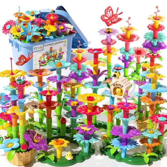 TEMI Blumen Stapelspielzeug, Blumengarten Spielsteine Spielbausteine, (Set, 138 St., Blumen Spielbausteine mit Aufbewahrungsbox), Blumen Bauspielzeug, Lernspielzeug für Mädchen Jungen ab 3 Jahren