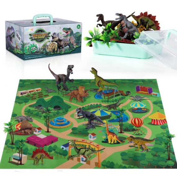 TEMI Spielfigur Dinosaurier Figuren Spielset mit Spielmatte, (Set, 1-tlg., 9 Dinosaurier, 1 Spielmatte, Aufbewahrungsbox), Dino Spielzeug für Kinder ab 3 Jahren